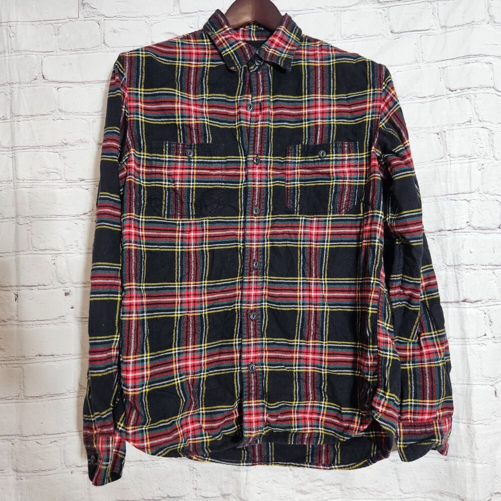 J Crew Mens M Flannel Dress Shirt Red Black Plaid Long Sleeve Button Up Casual